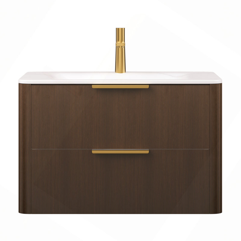 Meuble-lavabo 30 avec lavabo, armoire de rangement flottante en contreplaqué ultra-rayé avec tiroirs, lavabo intégré en pierre frittée blanche Carrara, pré-assemblé