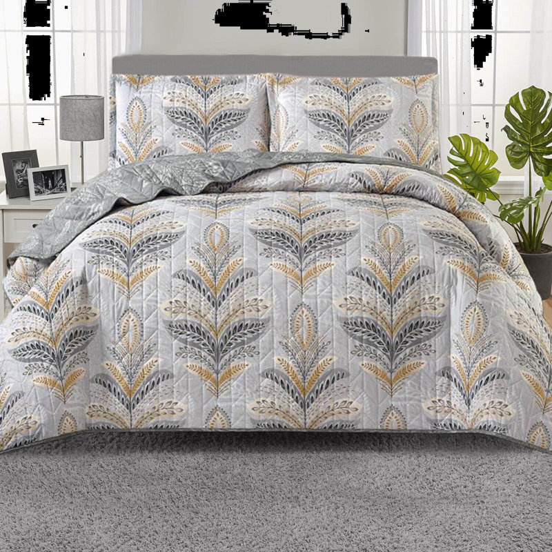 Amalyah Polyester Floral Bedspread with Pillowcases, Single, Silver