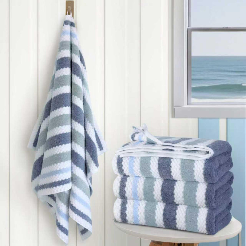 4-Piece Striped Cotton Blend Bath Towels – 540 GSM, Quick Dry, High Absorbent, Coastal Nautical Design for Bathroom & Shower Decor