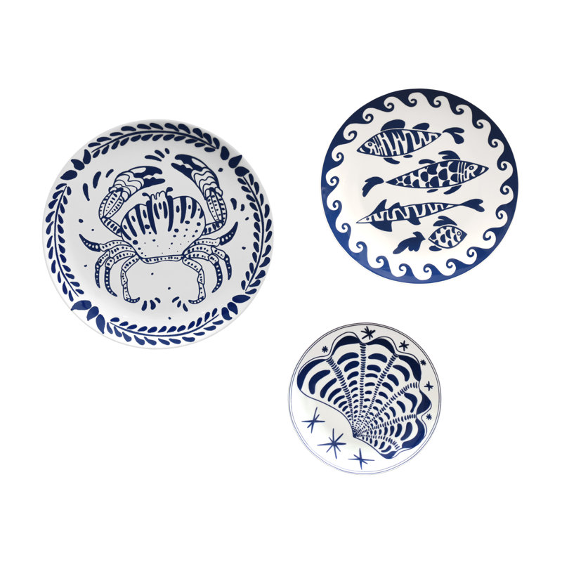 American Art Decor Blue & White Coastal Ceramic Wall Plate Set - 3pc