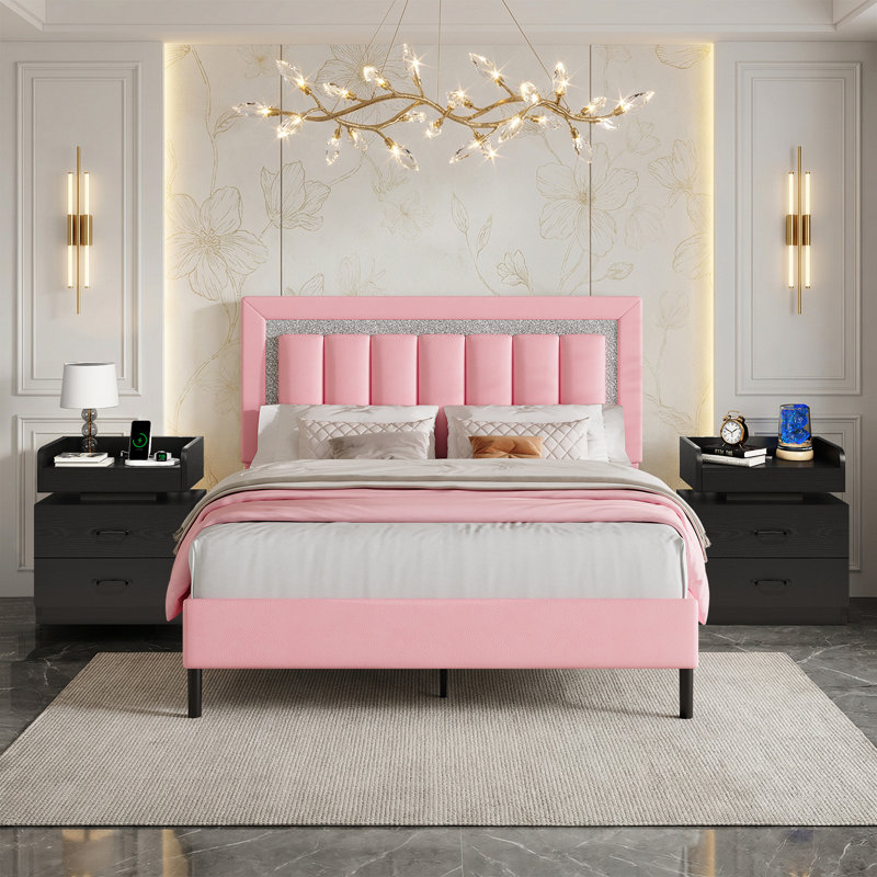 Ensemble de lit plateforme tapissier Diamond, Complète, Rose