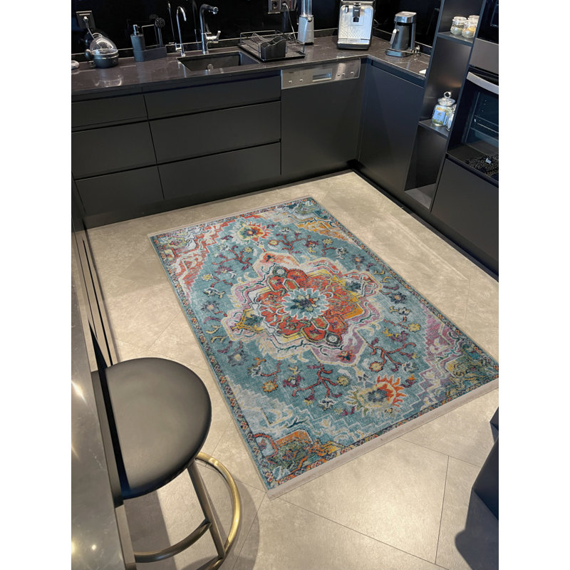 Tapis décoratif bleu à motif floral frangé à motif floral traditionnel
