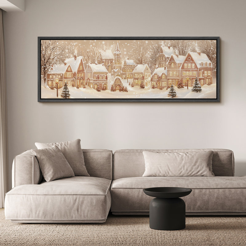 Grande impression sur toile encadrée, impression de scène de ville enneigée pour les fêtes de Noël, H 20 po x l 60 po, Noir