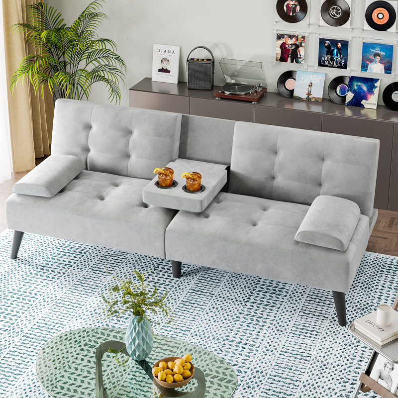 Canapé-lit futon convertible Aldiana, Velours gris clair