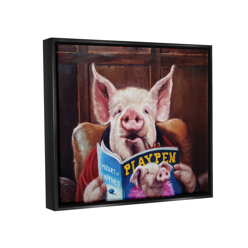 Drôle de cochon «Man Cave» - Peinture, H 25 po x l 31 po x P 1,7 po, Cadre flottant noir de jais