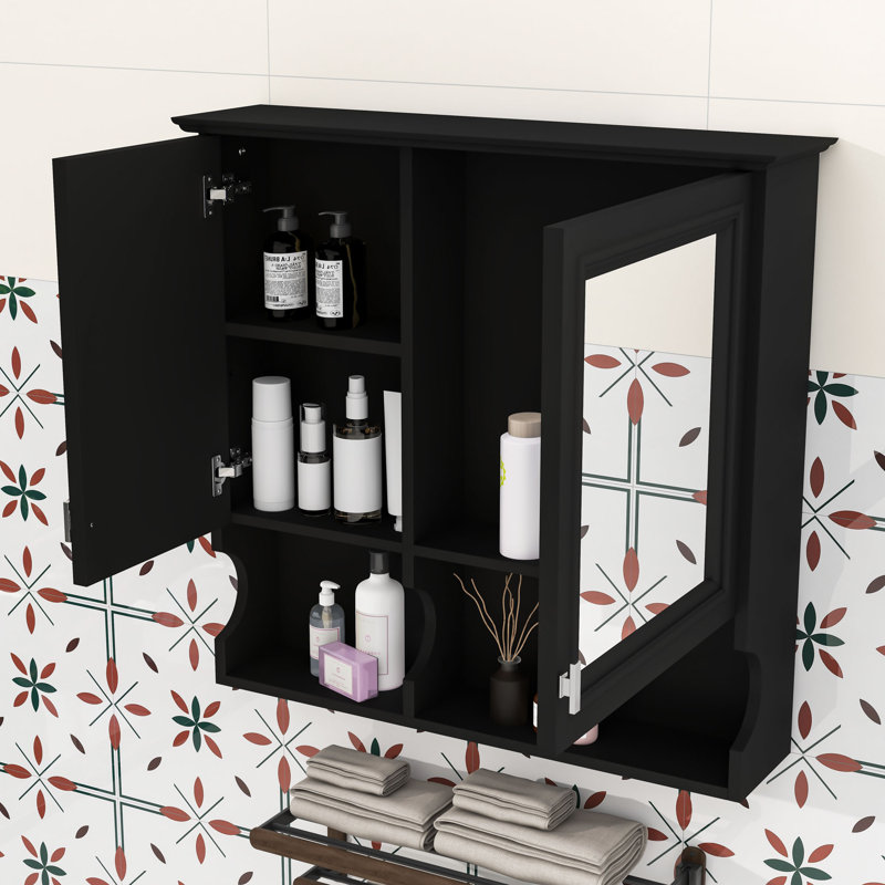Armoire à pharmacie murale avec miroir, tablettes réglables, rangement ouvert et portes, Noir