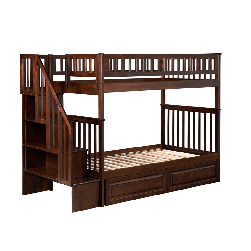 Hartlep Solid Wood Standard Staircase Bunk Bed with Storage Drawers, Walnut, Twin over Twin