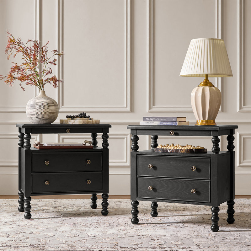 Aristidh Traditional 26"W 2-Drawer End Table with Charging Station and Pull-Out Shelf and Easy Assembly , Black