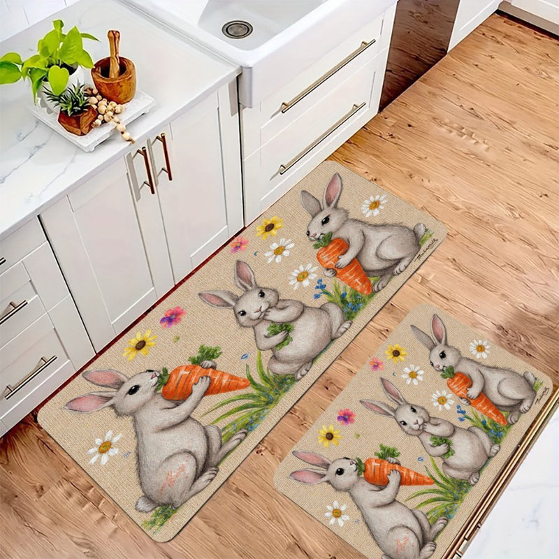 Ensemble de 2 lapins blancs avec carottes, tapis de cuisine, Lapins blancs avec carottes