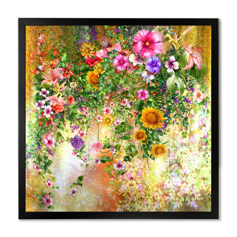 «Modern Modern Pink And Green Summer Garden», reproduction d'art sur toile, H 16 po x l 16 po x P 1 po, Cadre noir