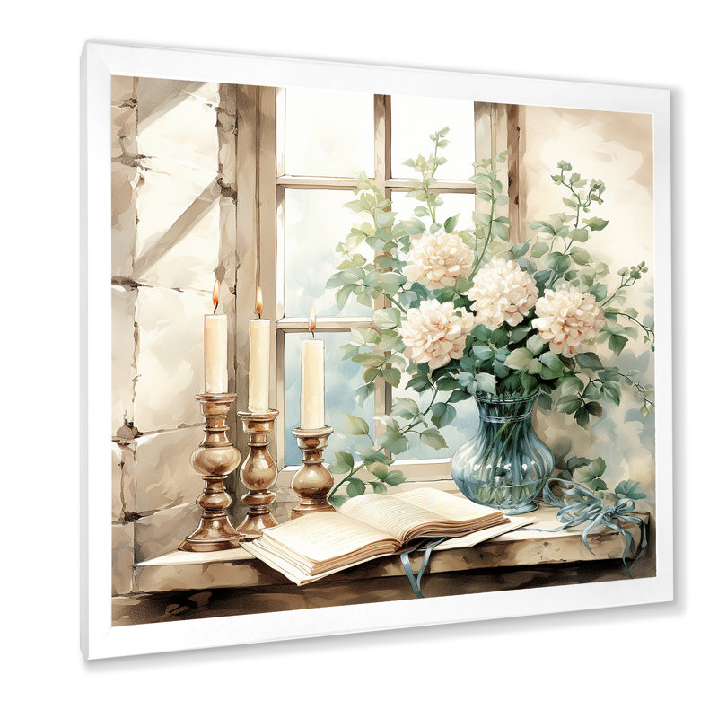 Blanc et vert antique, charme de fenêtre floral - art mural fenêtres de ferme, Cadre simple blanc, H 16 po x l 16 po x P 1 po