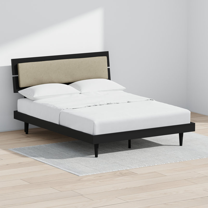 Benoni Wooden Bed With Taupe Cushion, Black, Queen