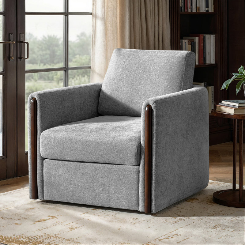 Nicha 31.25W" Modern Down-filled Solid Wood Swivel Barrel Chair, Gray