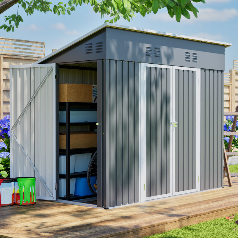[8x4 FT] Outdoor Metal Storage Shed with 3 Doors, Sloping Roof, 4 Air Vents & 2 Locks for Backyard, Patio, Garden Tools & Pet Storage