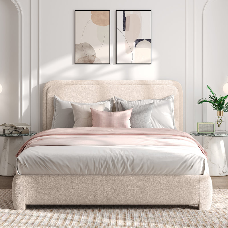Bensu Boucle Upholstered Platform Bed, Queen, Cream
