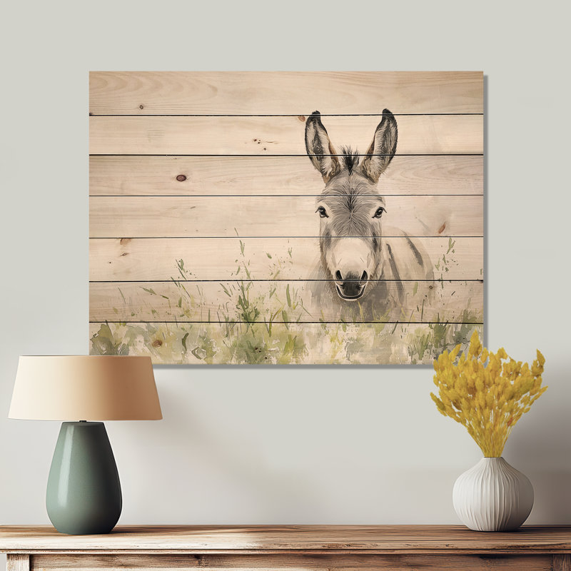 «Gentle Bray Donkey» par The Farm II - Décoration murale moderne en bois sur bois de pin naturel, H 10 po x l 20 po