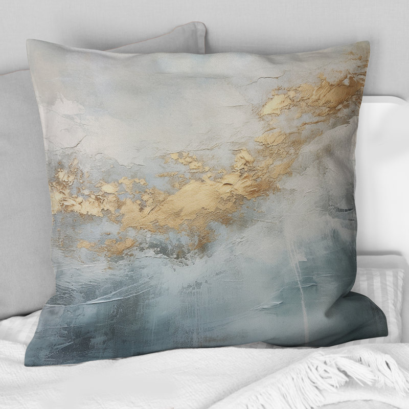 Beige Blue Gold Ocean Storm V - Abstract Shapes Printed Throw Pillow