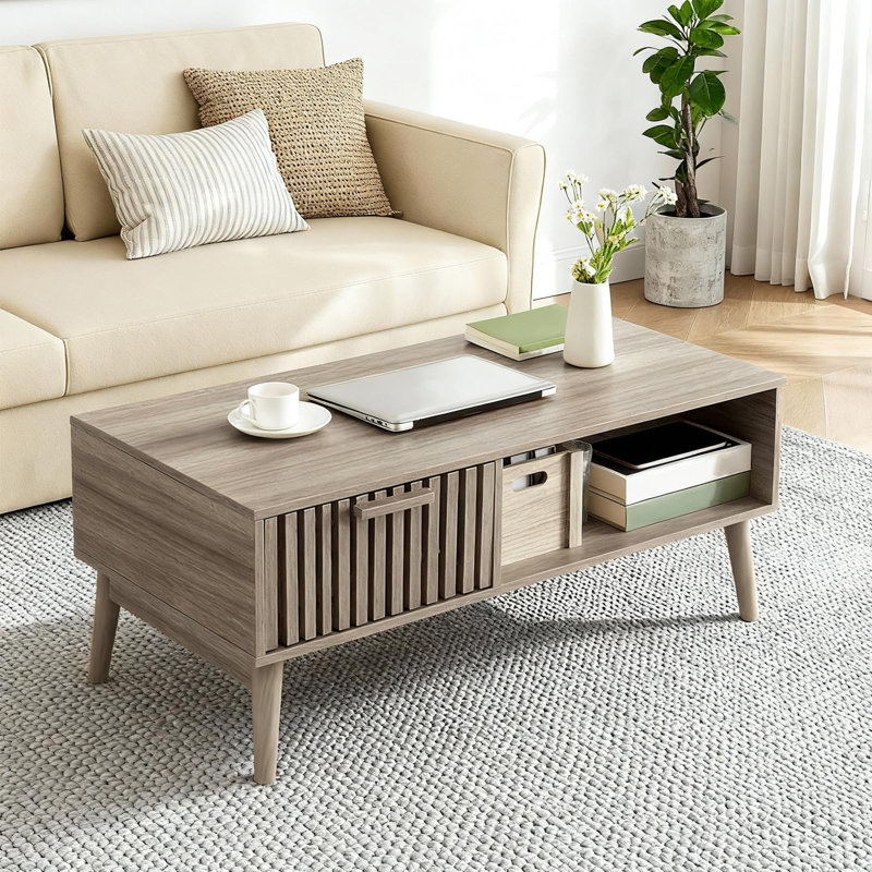Table basse de 39,4 po, table basse moderne Mid-Century avec 1 tiroir de rangement, tablette ouverte