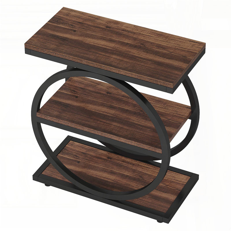 Table de bout industrielle étroite avec 3 tablettes - brun foncé et noir, Bois brun foncé / noir