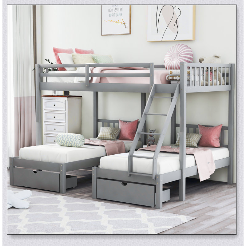 Lit superposé triple en bois avec tiroirs de rangement - Double au-dessus de simple et simple - Barrières de sécurité, sans sommier, design multifonctionnel