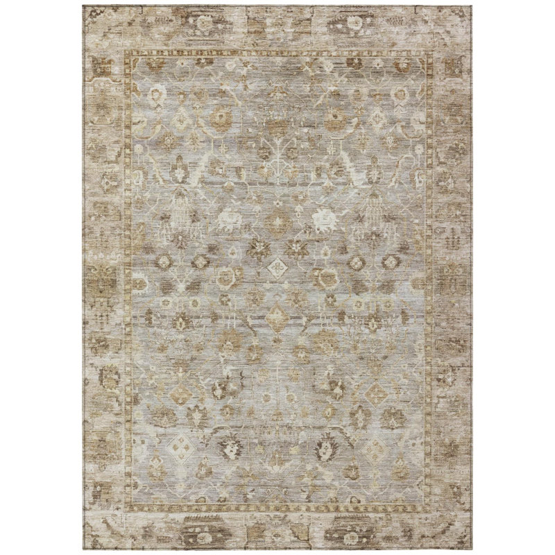 Tapis oriental lavable 90 x 150 cm, taupe, brun et ivoire, pour intérieur et extérieur.