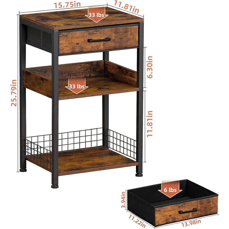 Table d'appoint à 3 niveaux en bois industriel avec rangement, grand support pour imprimante moderne, table de chevet brune rétro, tables de chevet rustiques pour petits espaces de salon