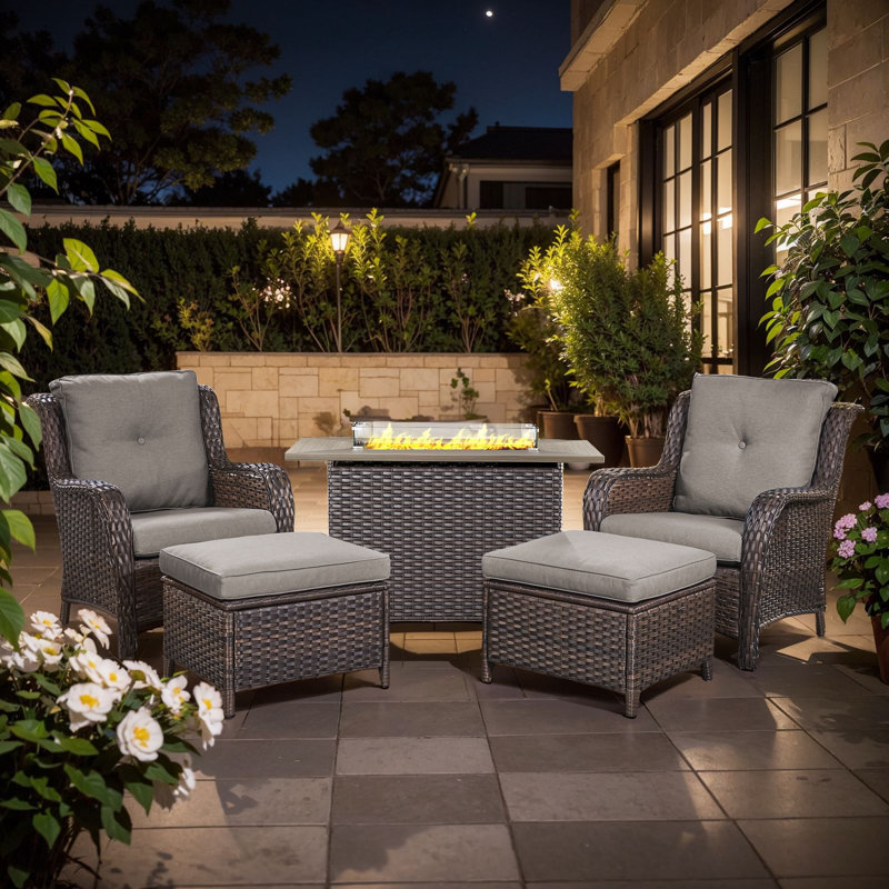 Wendye 5-Piece Outdoor Furniture Set, 2 Patio Chairs, 2 Ottomans & 55K BTU Fire Pit Table, Brown, Gray