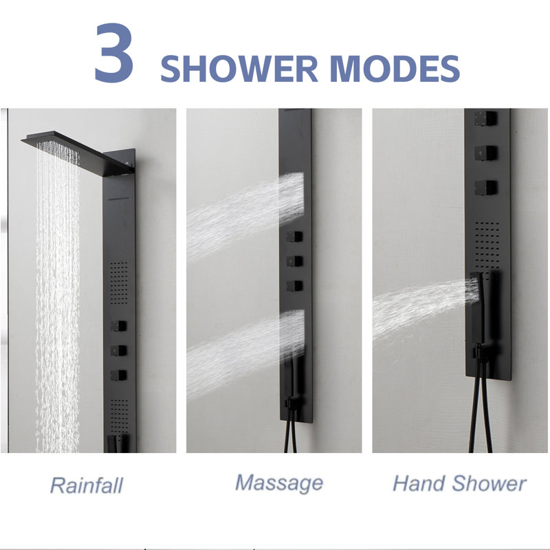 Double système de panneau de douche à pluie 2 jets 4 en 1 avec pomme de douche à pluie et baguette de douche, Noir mat