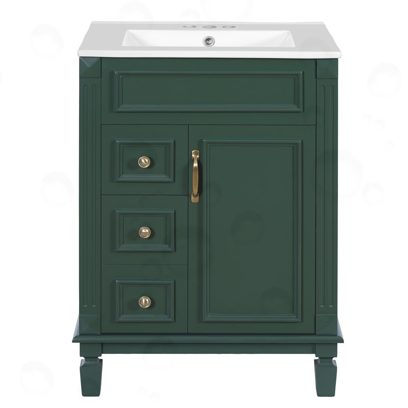 Meuble-lavabo avec 2 tiroirs et tablette réglable, Vert/doré