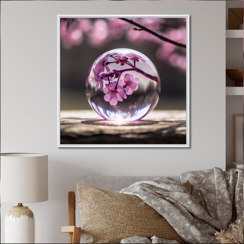 Boule de cristal avec fleur de cerisier rose - reproduction sur toile, H 24 po x l 24 po x P 1 po, Cadre flottant blanc