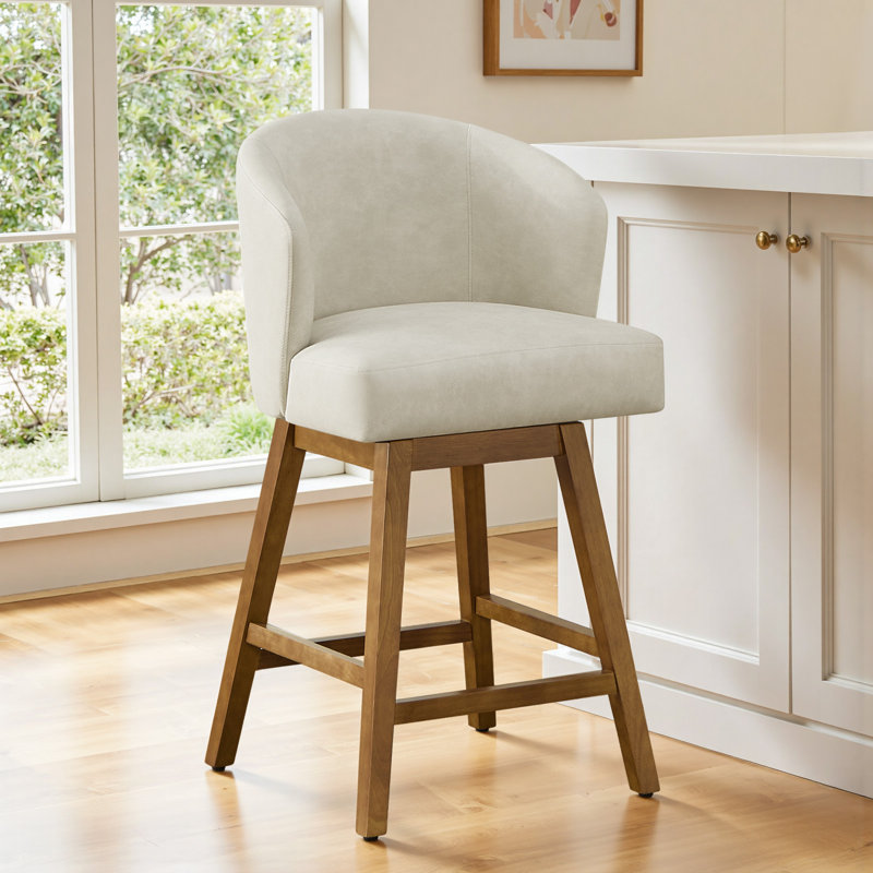 360° Swivel Upholstered Bar Stool With Solid Rubberwood Base, Spring-Cushioned Comfort, 350 Lb Capacity, Cream
