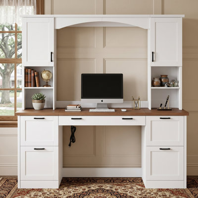 Farmhouse Arched Computer Desk with Hutch｜Mid-Century Walnut Home Office Workstation ｜White｜ Charging Station & Keyboard Tray｜All-in-One Writing Desk with File Drawer for Study, Office