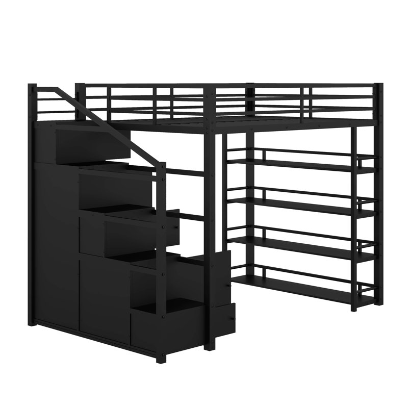 Lit mezzanine double en métal avec tablettes, armoires et garde-robe