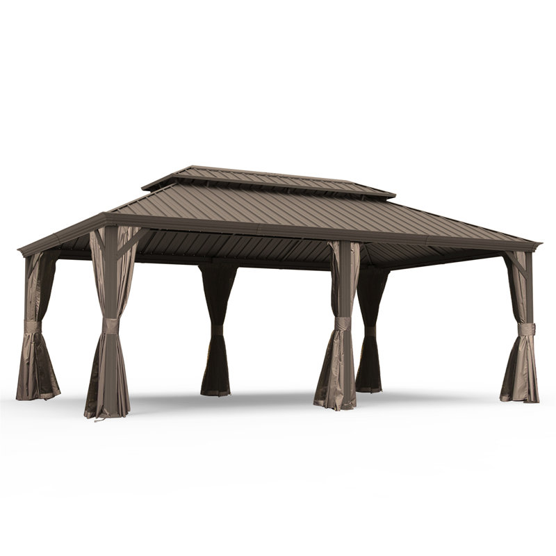 14' X 22' Hardtop Gazebo, Upgraded Metal Gazebo With Drainage System, Dual-Layer Galvanized Steel Roof, Curtain And Netting, Outdoor Shelter Canopy For Patio, Garden, And Backyard, Brown