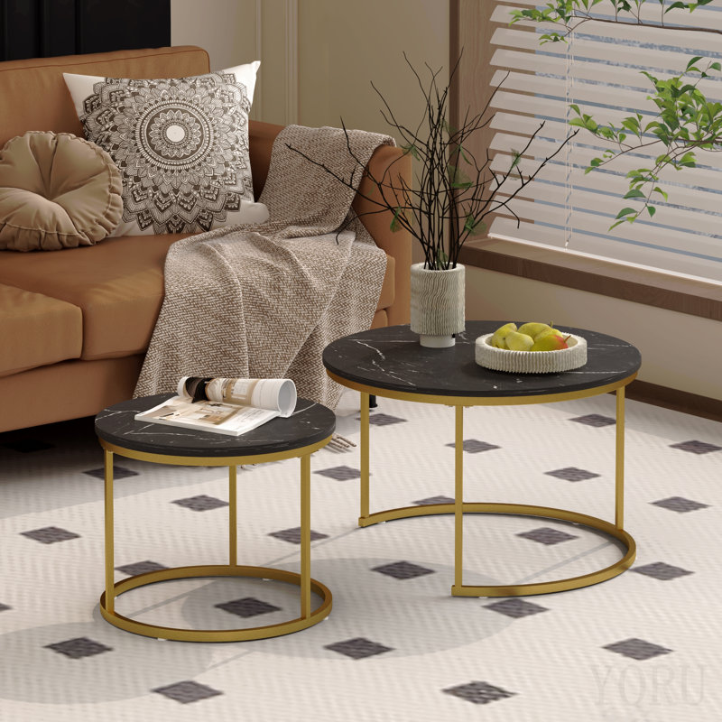 Ensemble de 2 tables basses gigognes de 70 cm (27,6 po), table basse ronde avec plateau en bois à motif de marbre et structure métallique robuste, tables d'appoint pour salon, chambre, balcon ou jardin (noir)
