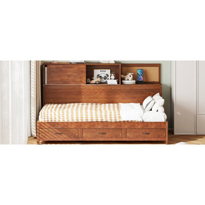 Walnut Twin - Size Wooden Daybed With 3 Storage Drawers, Soft Headboard, Shelf And For Comfortable Tech Lounge Featuring Practical Organized Space
