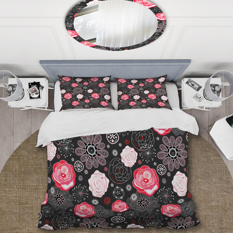 Ensemble de housse de couette fleurs roses et noires, Housse de couette pour très grand lit et 2 très