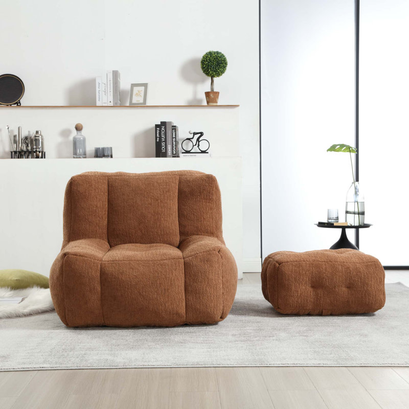 Modern Fluffy Comfortable Bean Bag Sofa Chair With Memory Foam & Ottoman, Brown Velvet