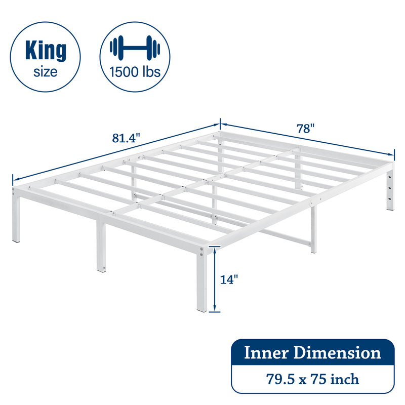 Scio 14'' High White Bed Frame Metal Bedframes with Protection Pads Noisy Free Anti Slip, King