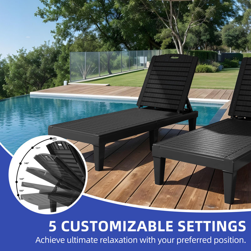 Black Resin Adjustable Outdoor Chaise Lounge with 5-Position Backrest