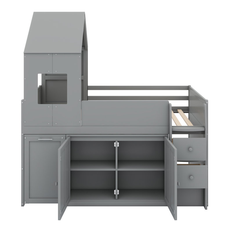 Modern High Sleeper Bed Featuring Built-in Workstation and Cabinet Organization, Grey