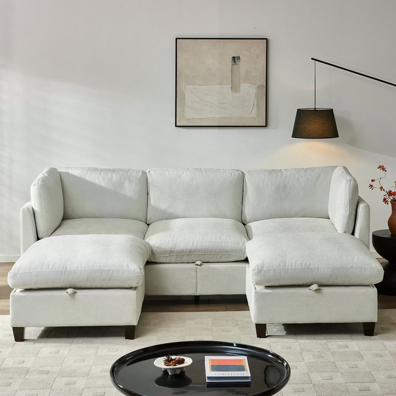 Canapé modulaire 96,5 po pour le salon, canapé rembourré en tissu de chenille doux avec rangement, canapé 3 places avec deux repose-pieds beige