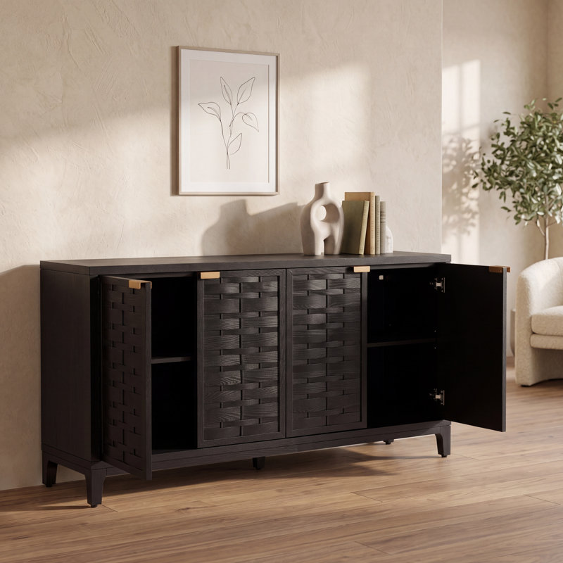 Buffet 4 portes de 150 cm (59 po) en tissu 3D noir tissé, pattes en bois massif et poignées en métal doré, style industriel