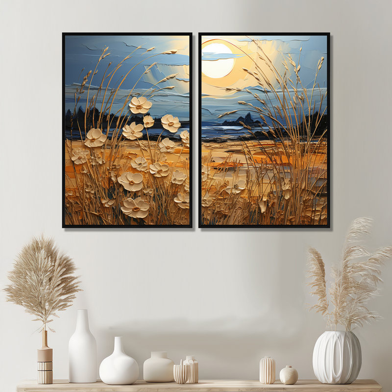 «Yellow Blue Prairies Whispers Patchwork I», impressions d'art traditionnel bleu sur toile, H 36 po x l 48 po, Cadre flottant