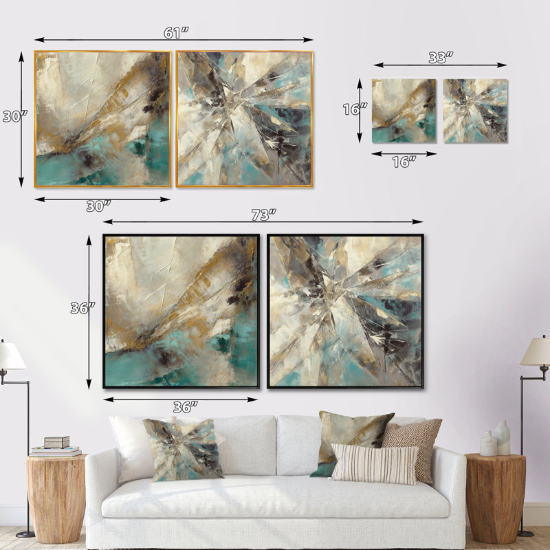 Formes beiges et vertes en peinture - ensemble de 2 peintures carrées abstraites, Cadre flottant noir, H 30 po x l 61 po