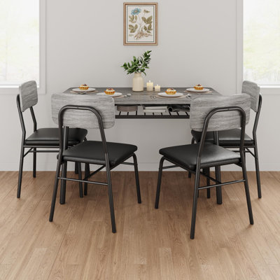 Ensemble de table de salle à manger pour 4 personnes avec support de rangement, table de cuisine 5 pièces et 4 chaises rembourrées, plateau de table en bois et structure en métal robuste