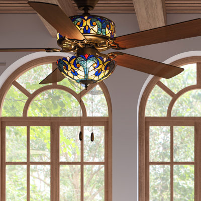 52"W Ummuhan 5 - Blade Hand-Soldered Stained Glass Ceiling Fan with Pull Chain