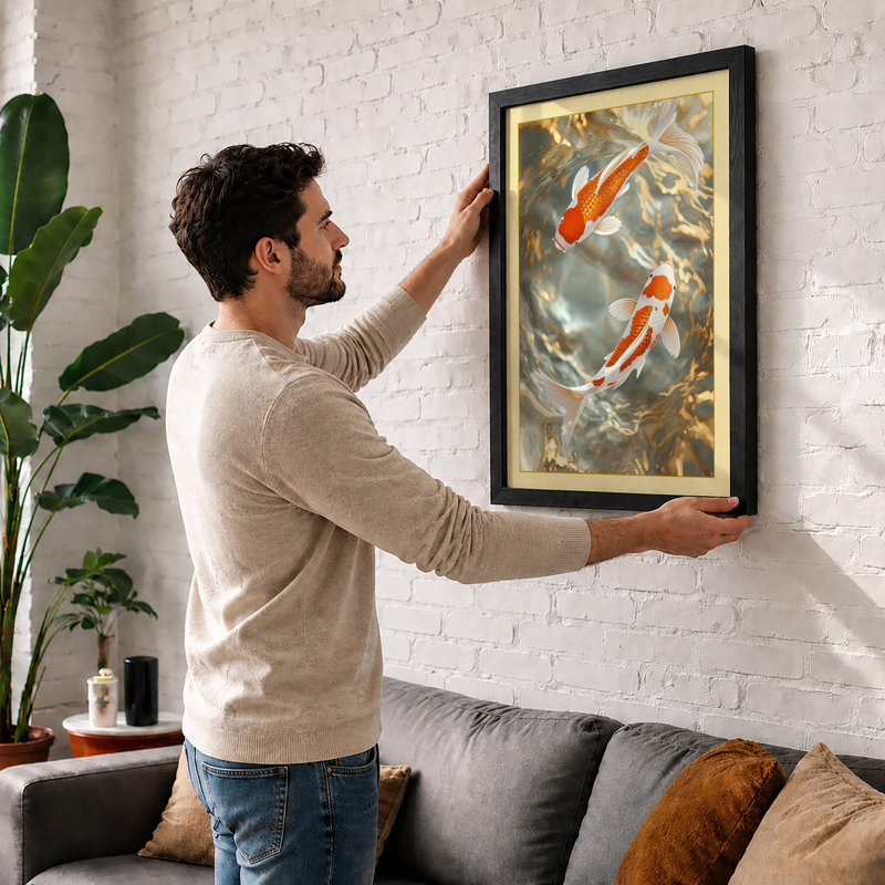 Koi in Sunlit Water Coastal - Framed Print, A2 - 59.4 x 42.0 cm, Oak