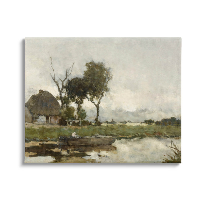 Bateau sur une rivière, scène classique, art giclée par lettres et doublure, Giclée encadrée noir minuit