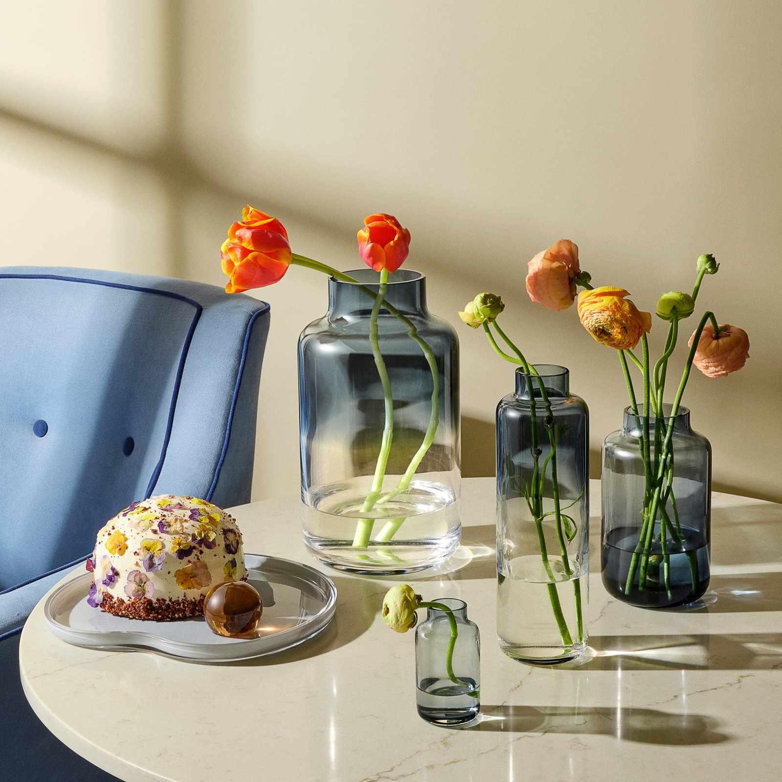 Magnolia Crystal Table Vase, Steel Blue, overall height- 12.5"